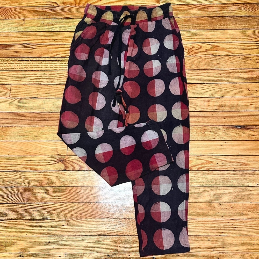 100% Linen Brown Multi Color Polka Dot Harem Style Pants Womens Small Artisan